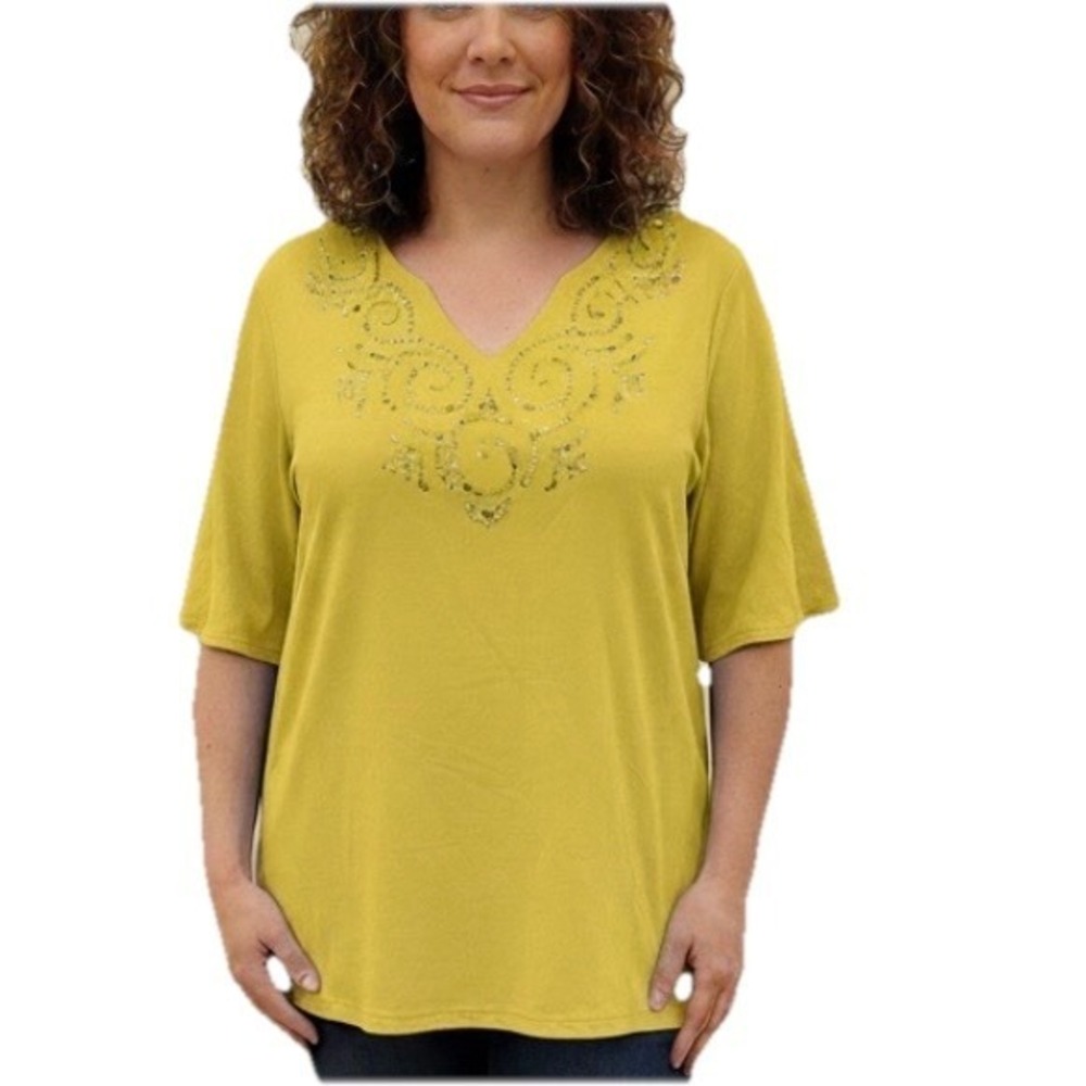 Quacker Factory Yellow Floral Rhinestone Short Sleeve Knit‎ Top Size 2X